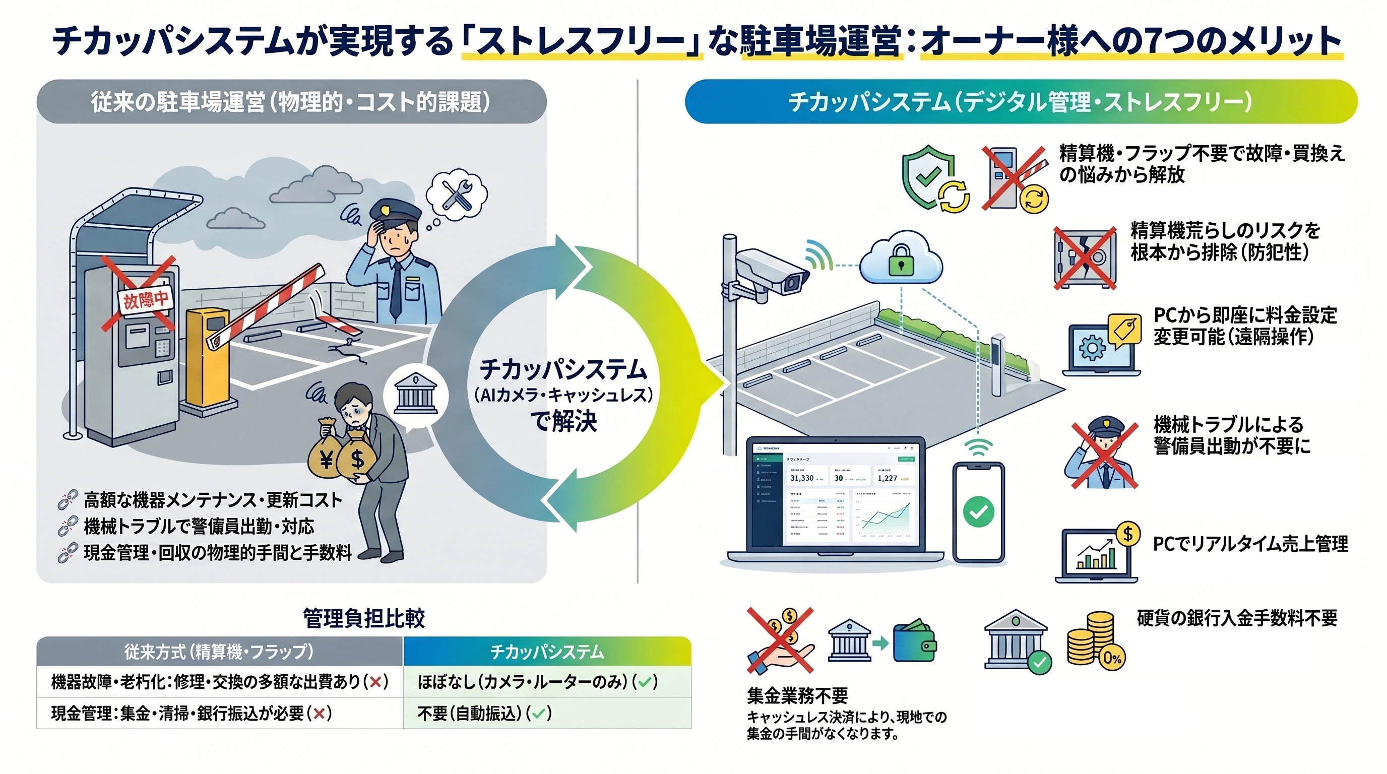 チカッパシステムが実現するストレスフリーな駐車場運営：オーナー様への7つのメリット（従来の精算機・フラップ方式との比較インフォグラフィック）