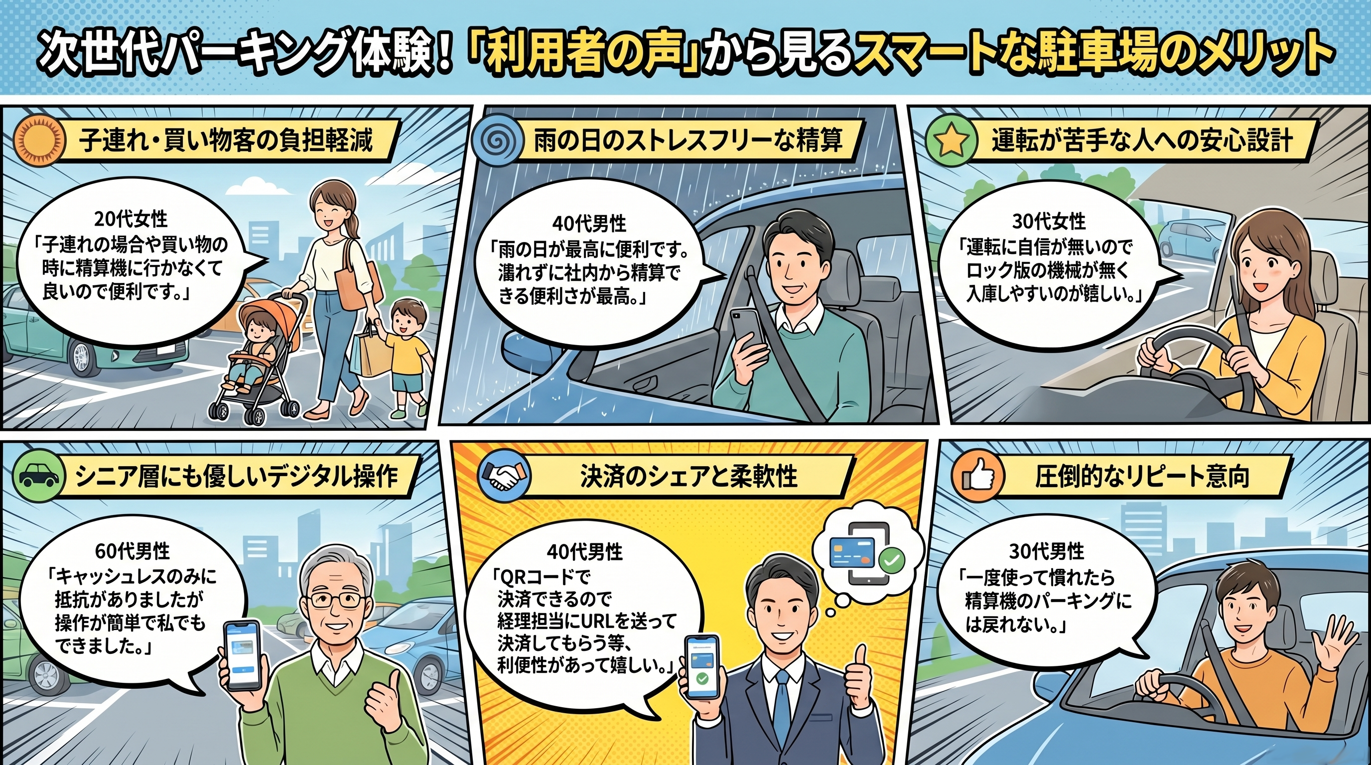 利用者の声：子連れ・買い物客の負担軽減、雨の日のストレスフリーな精算、運転が苦手な人への安心設計、シニア層にも優しいデジタル操作、決済のシェアと柔軟性、圧倒的なリピート意向